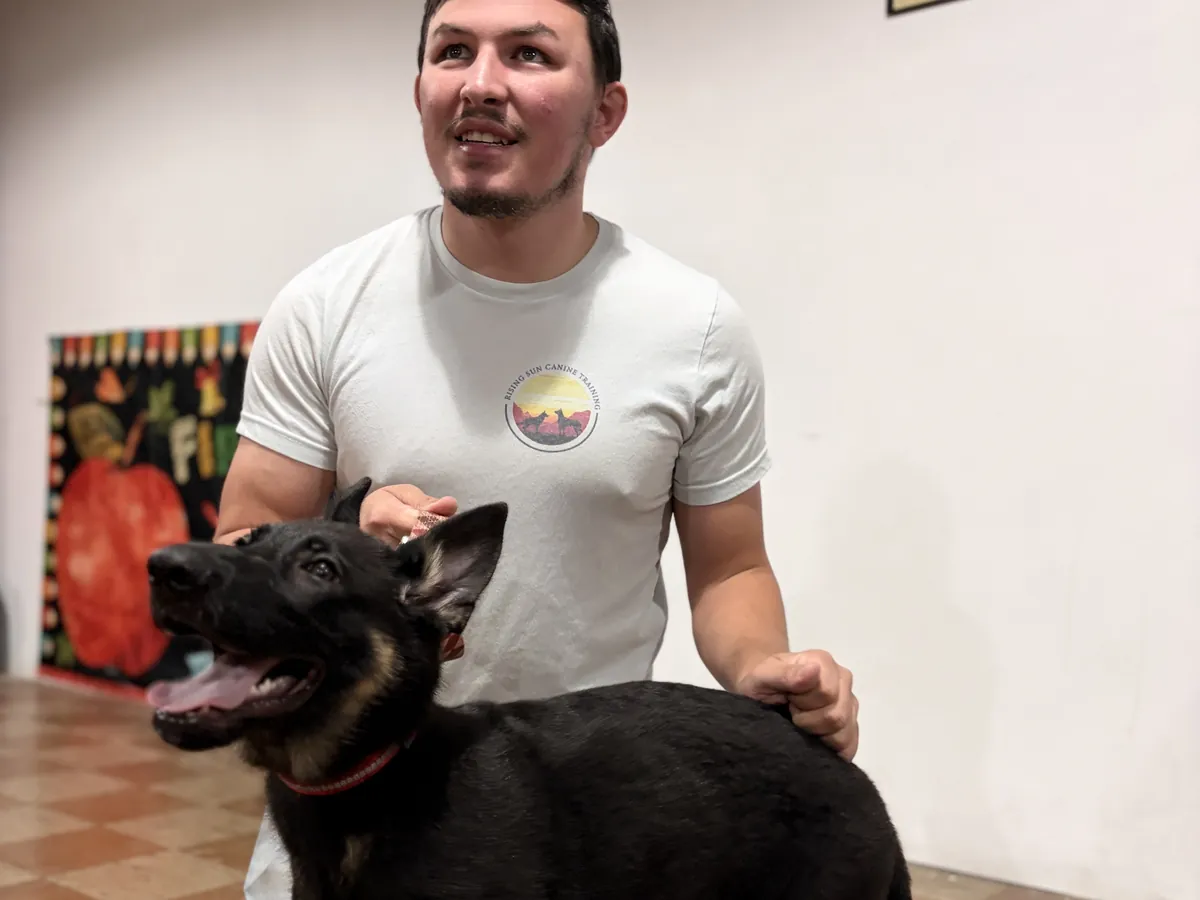 Owner Austin Todd kneeling with a German Shepherd puppy at the Rising Sun facility