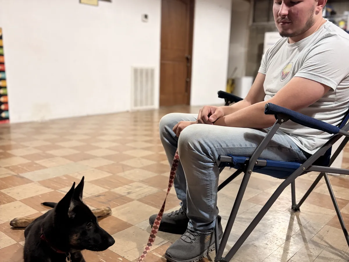 Owner Austin Todd sitting with a German Shepherd puppy lying calmly on a leash at the Rising Sun facility